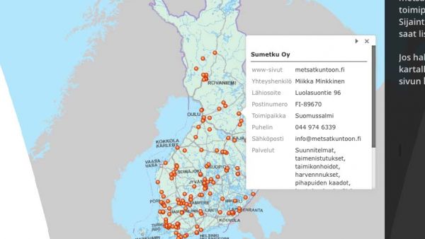 Metsäpalveluyrittäjien toimipisteet on sijoitettu Suomen kartalle.  