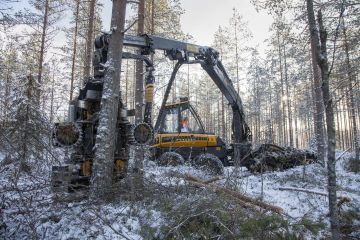 UPM:lle puuta korjaavan Metsäkuljetus Hyvärisen hakkuukone harventaa suometsää Vesannolla.  