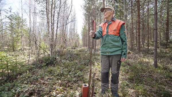 Metsätalousneuvoja Heikki  Hyvönen tilansa rajalla Mäntyharjulla. Arvaa, kumpi puoli on vanhan metsäammattilaisen hoitamaa.  