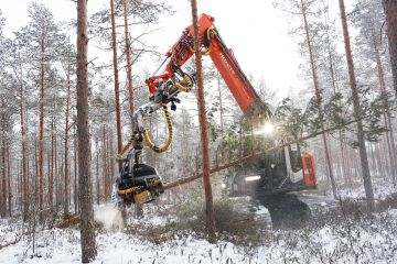 Puunhintojen puuttumista selittää, että Stora Enson ostoalue ei yllä Länsi-Suomeen eikä UPM:n Lappiin. Tässä korjataan puuta Lapualla. (Kuvaaja: Sami Karppinen)