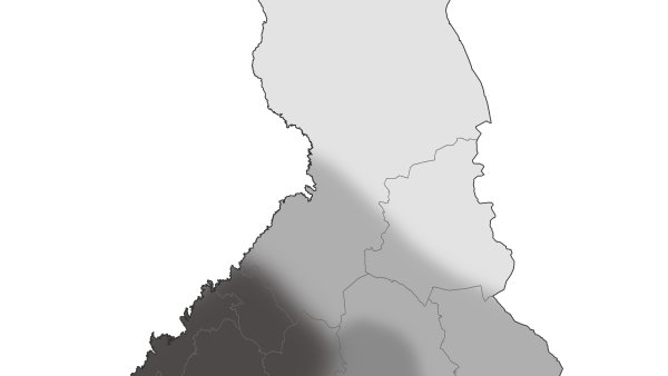 Länsi-Suomessa on nyt myyrähuippu. Pirkanmaan ja Satakunnan pohjoisosissa ja Pohjois-Pohjanmaalta Itä- ja Kaakkois-Suomeen ulottuvalla alueella myyriä on kohtalaisesti ja huippu ajoittuneen syksyyn 2022. Lounais-Suomessa ja suurimmassa osassa Pohjois-Suomea myyriä on niukasti. Käsivarressa myyräkannat ovat alkaneet runsastua. Pohjois- ja Etelä-Savossa (tummempi keskiharmaa alue) myyrien kannanvaihtelut ovat muuttuneet vuodenaikaisiksi. 