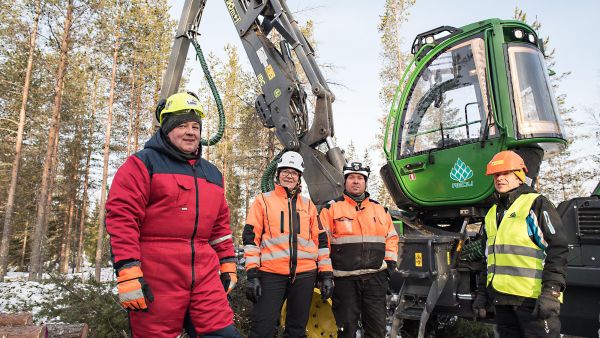 Kevättalven päivä on sopiva aika poimintahakkuulle.  Tutkimushakkuulla Luken Juha Laitila, Redun Raija Palokangas ja Tapani Tuisku sekä Luken Jaakko Repola. (Kuvaaja: Juha Ollila)