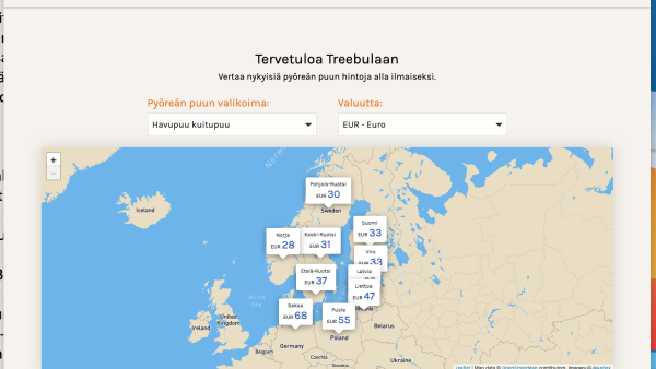 Treebula-laskurin suomenkieliseltä sivulta löytyy tällä hetkellä vain kuitupuun hinnat.  