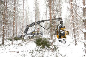 Hakkuukoneenkuljettajat kontrol- loivat harvennusvoimakkuutta työn ohessa tyypillisesti puoliympyrä- koealoin, jonka säde on 11 metriä. Puomin avulla koealan runkoluku hahmottuu helposti. Nyt on he- rännyt epäilyksiä siitä, johtavatko runkolukuun perustuvat harven- nusmallit samaan harvennusvoi- makkuuteen kuin pohjapinta-alaan perustuvat mallit. (Kuva Sami Karppinen)