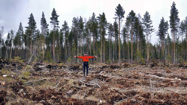 Sami Puukangas näyttää metsätilallaan, mihin tuulivoimayhtiön 400 kilovoltin voimalinja on tulossa. Kaikkiaan linjan alle menee 62 metriä leveä ja 800 metriä pitkä sarka. Pahimmallaan metsänomistajan yhtymän maiden läpi tulee kulkemaan kolme voimalinjaa. (Kuvaaja: Esko Keski-Vähälä)