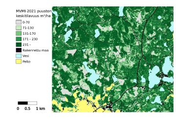 Puuston runkotilavuus (m3/ha) metsätalouden maalla, monilähteinen VMI 2021 ja muut maaluokat. Sisältää aineistoa Maanmittauslaitoksen Maastotietokannasta 03/2022. (Lähde: Luke)