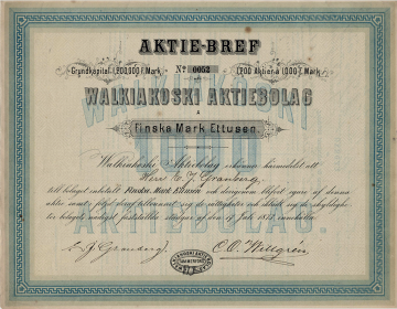  Valkeakoskella perustettiin 1800-luvulla kaksi melkein samannimistä paperitehdasta. Kuvan vuonna 1873 perustettu Walkiakoski Aktiebolaget oli ensimmäinen ja se meni pääomistajien menehdyttyä konkurssiin. Raunioille perustettiin Aktiebolaget Walkiakoski, joka pärjäsi jo paremmin. Sen osakkeet otettiin pörssilistalle vuonna 1915. Yhtiö joutui nurkanvaltauksen uhriksi ja pankkien puhaltaessa pelin poikki hallituksen puheenjohtajaksi nousi 40 osakkeen omistaja Rudolf Walden, joka muutamassa vuodessa liitti Walkiakosken Yhtyneisiin.  