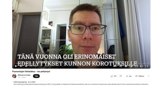 Helsinkiläinen Tapio Haarlaa pettyi rajusti Metsä Groupin hintatakuun tuomiin hintatarkistuksiin. Youtube-videollaan Haarlaa käy tapauksen rakentavasti ja seikkaperäisesti läpi. Kuvakaappaus Haarlaan Youtube-videosta. 