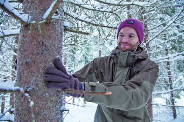 Juha Huttunen ylpeänä esittää: 1991 istutettu kuusikko. 1600 runkoa, 150 kuutiota hehtaarilla. Harvennus hankintatyönä tänä talvena. Näitä Pohjois-Savossa riittää. (Kuvaaja: MIkko Riikilä)