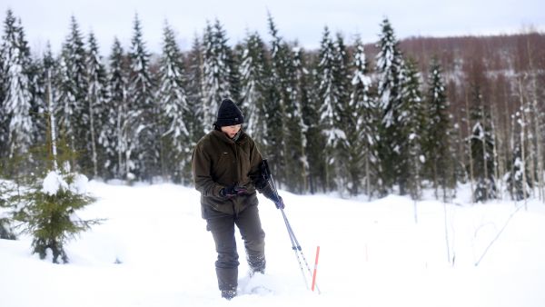 Älypuhelimen gps:n ja karttasovelluksen avulla rajapyykin voi paikantaa muutaman metrin tarkkuudella. Tukkeutuneen rajalinjan aukaisuun puhelimen tarkkuus ei riitä. (Kuvaaja: Sami Karppinen)