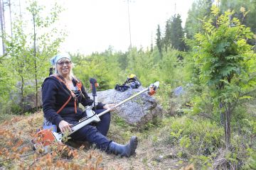 Eeva Hankajoki osallistui Suomen metsäkeskuksen järjestämälle naisten raivaussahakurssille ja on sen jälkeen tehnyt raivausta omassa metsässään. Tänä kesänä käsittelyssä on ollut 4 hehtaarin kokoinen kuusentaimikko. Kuva: Sami Karppinen