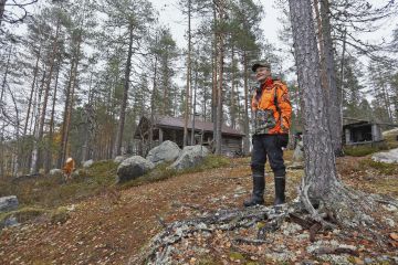 Hannu Rautasalon metsätilan tukikohtana toimii Röllinmökki Kivijärven Hiitolan kylällä. Mökkipihan jykevästä petäjästä Rautasalo on kerran ampunut metsonkin suomenpystykorvan haukkuun. (Kuvaaja: Sami Karppinen)