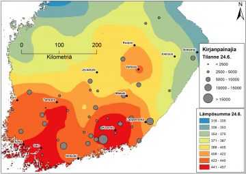 Karttaan on merkitty kirjanpainajapyydysten sijainnit, kirjanpainajatilanne 24.6.2020 harmailla ympyröillä, ja kertynyt lämpösumma 24.6.2020 mennessä väreillä. Kartta: Markus Melin (Luke). Lämpösumma-aineisto: Ilmatieteenlaitos.  