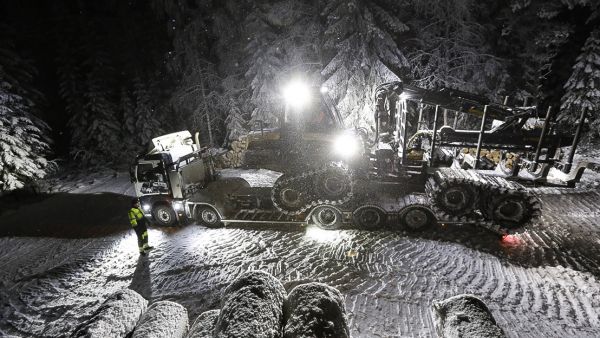 Tero Möttö haki Metsä-Multia Oy:n Ponsse Buffalon seuraavalle työmaalle Jyväskylän Ruokkeella viime viikolla. Kuljetuksen kokonaispainoksi tuli 44,7 tonnia ja kolmiakseliselle telille telipainoa 31,5 tonnia. (Kuvaaja: Sami Karppinen)