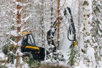 Koneyrittäjälle lumitalvi tarkoittaa korjuun hidastumista ja suurempaa polttoaineen kulutusta.  (Kuvaaja: Miska Korpelainen)
