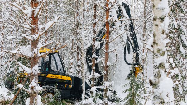 Koneyrittäjälle lumitalvi tarkoittaa korjuun hidastumista ja suurempaa polttoaineen kulutusta.  (Kuvaaja: Miska Korpelainen)