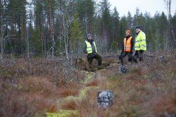 Tornatorin luonnonhoidon asiantuntija Rauli Perkiö (vas.), Stora Enson ympäristöpäällikkö Niina Partanen sekä Tornatorin tilavastaava Timo Vartiainen toteavat, että ojat saavat sammaloitua tällä kohteella jatkossa rauhassa. Taustalla näkyy sarkaojaan tehty pato. (Kuva Sami Karppinen)