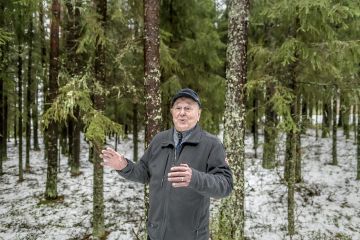 Unto Tasanko taustallaan metsä, jolle ei ole sataan vuoteen tehty muuta kuin annettu kasvaa. (Kuva: Johannes Tervo)