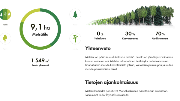 Laskuri näyttää  metsätilan perustiedot. Se löytyy osoiteesta upmmetsa.fi/metsanarvolaskuri