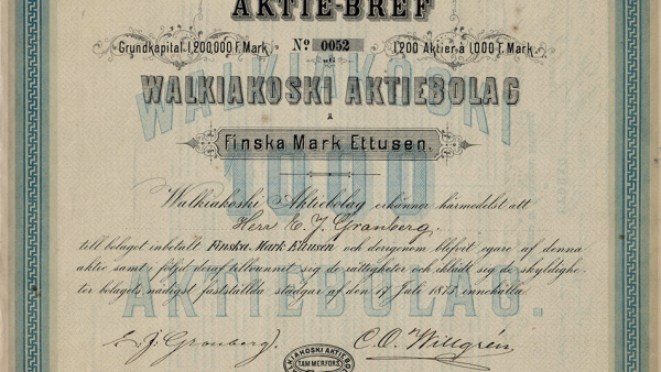  Valkeakoskella perustettiin 1800-luvulla kaksi melkein samannimistä paperitehdasta. Kuvan vuonna 1873 perustettu Walkiakoski Aktiebolaget oli ensimmäinen ja se meni pääomistajien menehdyttyä konkurssiin. Raunioille perustettiin Aktiebolaget Walkiakoski, joka pärjäsi jo paremmin. Sen osakkeet otettiin pörssilistalle vuonna 1915. Yhtiö joutui nurkanvaltauksen uhriksi ja pankkien puhaltaessa pelin poikki hallituksen puheenjohtajaksi nousi 40 osakkeen omistaja Rudolf Walden, joka muutamassa vuodessa liitti Walkiakosken Yhtyneisiin.  
