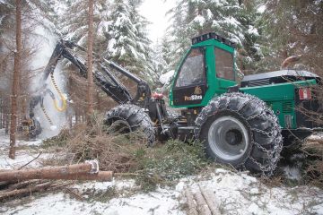 Likoperä Workin Jouni Sahinaho harvensi peltokuusikkoa Multian Sahrajärvellä. Boorinpuutosesta ja tykkytuhoista kärsineessä metsässä on vaikea löytää riittävästi kasvatuskelpoisia puita. (Kuvaaja: Mikko Riikilä)