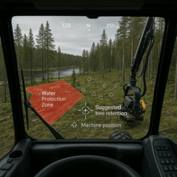 Kuljettajan taakka pienenee automatisoitujen järjestelmien ansiosta. Tarkan metsätiedon avulla voidaan tehdä niin hakkuiden suunnittelu, metsien inventointi kuin metsäluonnon monimuotoisuuden seurantakin. (Kuva: Valtteri Kinnunen)