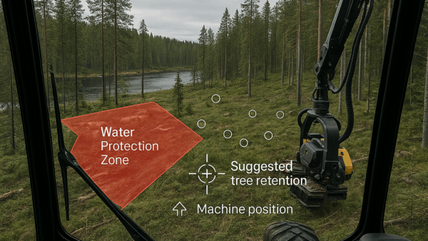 Kuljettajan taakka pienenee automatisoitujen järjestelmien ansiosta. Tarkan metsätiedon avulla voidaan tehdä niin hakkuiden suunnittelu, metsien inventointi kuin metsäluonnon monimuotoisuuden seurantakin. (Kuva: Valtteri Kinnunen)