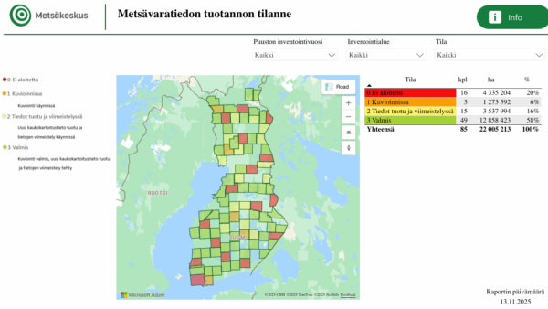 Palvelussa on tietoa metsävaratiedon tuotannosta vuodesta 2022 eteenpäin. Tiedot päivittyvät päivittäin.  