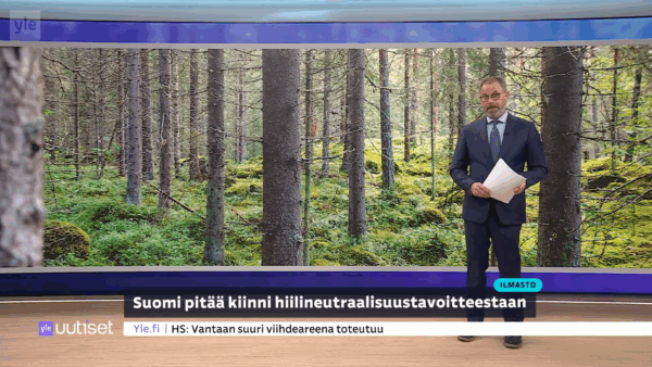 Ylen pääuutislähetys uutisoi Suomen metsien hiilitaseesta joulukuun alkupuolella. Kuvakaappaus uutislähetyksestä.