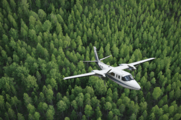 Maanmittauslaitoksen ilmakuvauslentokone metsän yllä. (Kuva: Maanmittauslaitos)