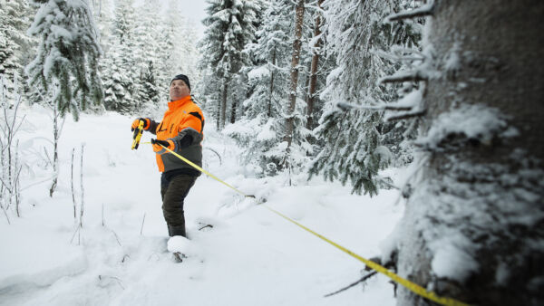 ”Vielä noin 94 metriä tuohon suuntaan”, havainnollistaa metsänomistaja Jorma Kekkonen Harjulinjan leveyttä. (Kuvaaja: Petteri Kivimäki)