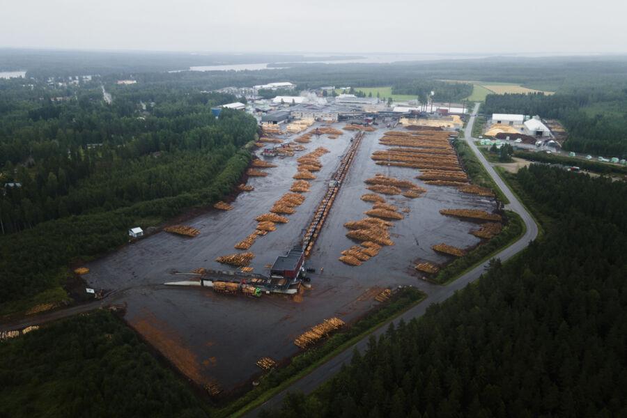 Tukkikenttä ja lajittelija Keiteleen sahalla. Kuva: Matias Honkamaa