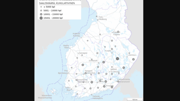 Kartalla 15.6. mennessä pyydyksiin kertyneet kumulatiiviset kirjanpainajamäärät (kirjanpainajia kpl/pyydysryhmä). Kuva: Luke